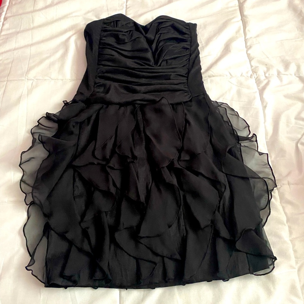 Cache Womens Black Strapless Stretch Side Zip Ruched Ruffle MIni Dress Size 4